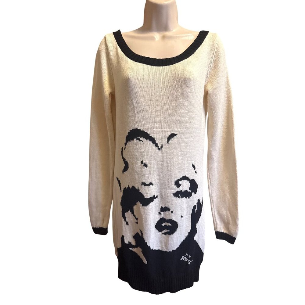 Betsey Johnson Marilyn Monroe Face Sweater Dress Size M Cream Black Graphic